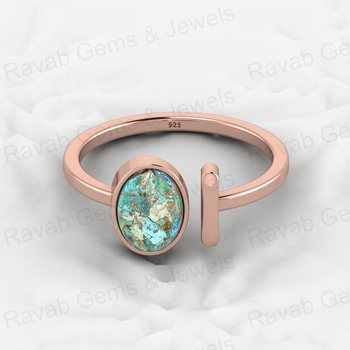 Top Selling 925 Sterling Silver Natural Chrysocolla Turquoise Gemstone Bezel Setting Adjustable Cocktail Open Ring Jewelry