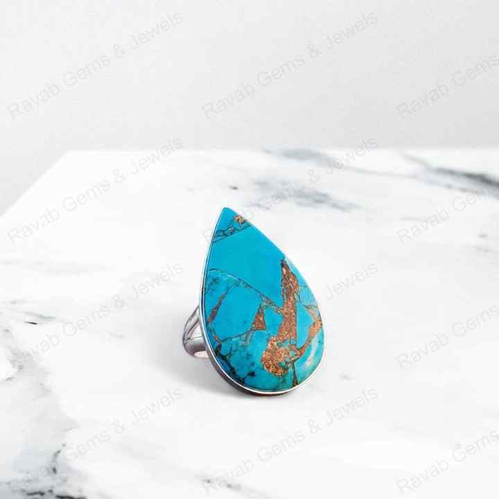 Top Quality Solid 925 Sterling Silver Natural Blue Copper Turquoise Pear 16x22mm Bezel Setting Women Wedding Ring Christmas