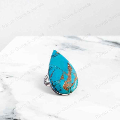 Top Quality Solid 925 Sterling Silver Natural Blue Copper Turquoise Pear 16x22mm Bezel Setting Women Wedding Ring Christmas
