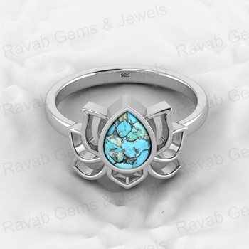 Best Selling 18K Gold Plated Genuine 6x8mm 925 Silver Blue Copper Turquoise Lotus Flower Ring for Women Fine Jewelry