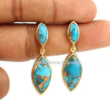 Best Selling Women's Fine Stud Earrings Natural Blue Cooper Turquoise Gemstone Waterproof 18k Gold & Sterling Silver Plated