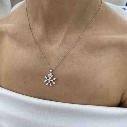 Genuine 925 Sterling Silver Lab-Diamond Marquise Cut Snowflake Design Chain Necklace For Women's Mother's Day Pendant Jewelry