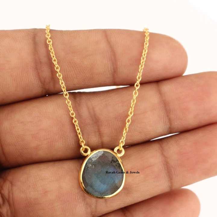 Top Selling Genuine 14x15mm Labradorite Gemstone 18k Gold Plated Sterling Silver Dainty Chain Organic Shape Necklace for Women
