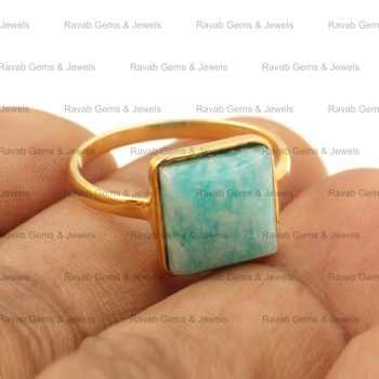 Hot Selling 12mm Square Bezel Setting 925 Sterling Silver 18K Gold Plated Fine Women's Ring With Natural Amazonite Jewelry
