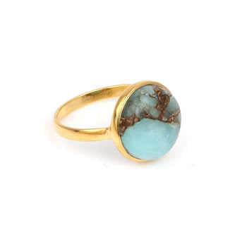 18K Gold Plated Genuine 925 Sterling Silver Dainty Ring 12mm Natural Amazonite Copper Gemstone Bezel for Women Fine Jewelry