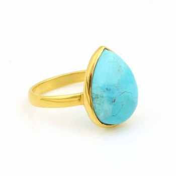 Best Selling 925 Sterling Silver 18K Gold Fine Ring for Women Kingman Blue Arizona Turquoise 12x16mm Pear Bezel Setting Jewelry