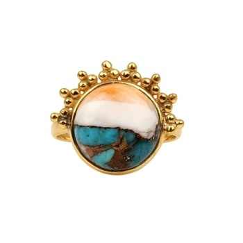 Hot Selling 12mm Kingman Spiny Oyster Copper Turquoise Gemstone Bezel Designer Women's Ring 18K Gold & Silver Plated