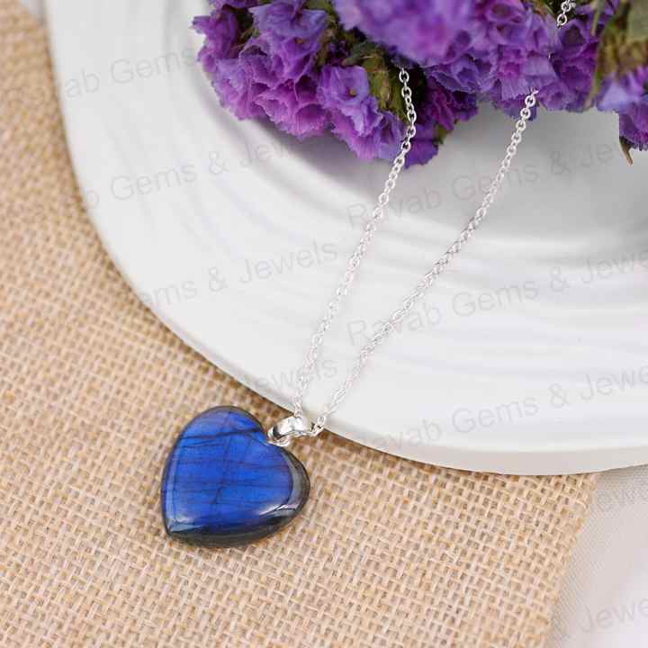Hot Selling Mother's Day Sale 20mm Puffy Heart Natural Blue Fire Labradorite Handmade 925 Silver Pendant Necklace Fine Jewelry