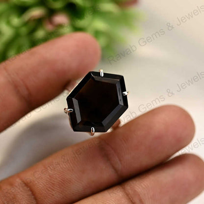 Hot Selling Solid 925 Sterling Silver Natural Black Onyx Hexagon Shape Prong Ring for Women Fine Handmade Gifted Jewelry