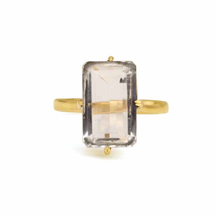 Handmade Design Natural Clear Quartz Emerald Cut Ring Sterling Silver With Gold Plating Fine Semi-Precious Crystal Quartz Ring