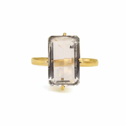 Handmade Design Natural Clear Quartz Emerald Cut Ring Sterling Silver With Gold Plating Fine Semi-Precious Crystal Quartz Ring