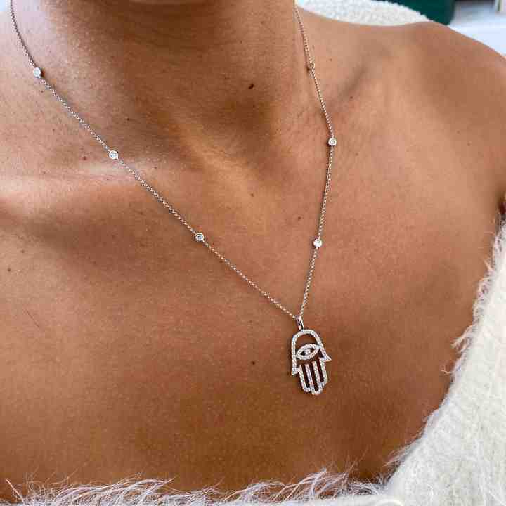 New Arrival Genuine 925 Sterling Silver Lab-Diamond Round Cut Hamsa Design Chain Necklace For Women's Mother's Day Jewelry