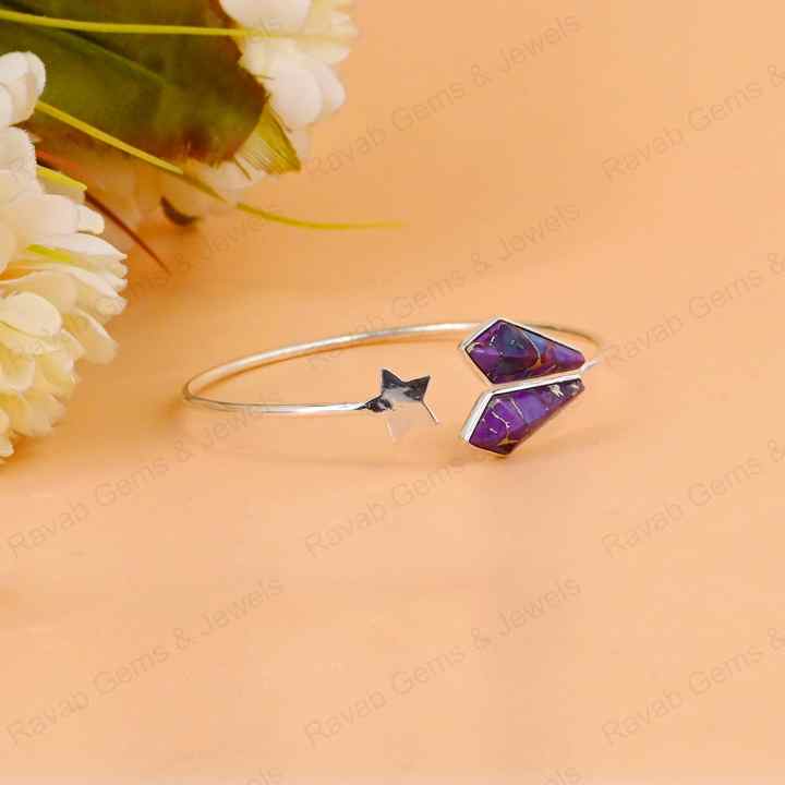 Purple Copper Turquoise Kite Shape 8x16mm Bezel Setting Star Design Solid 925 Sterling Silver Bangle Bracelet For Women Jewelry