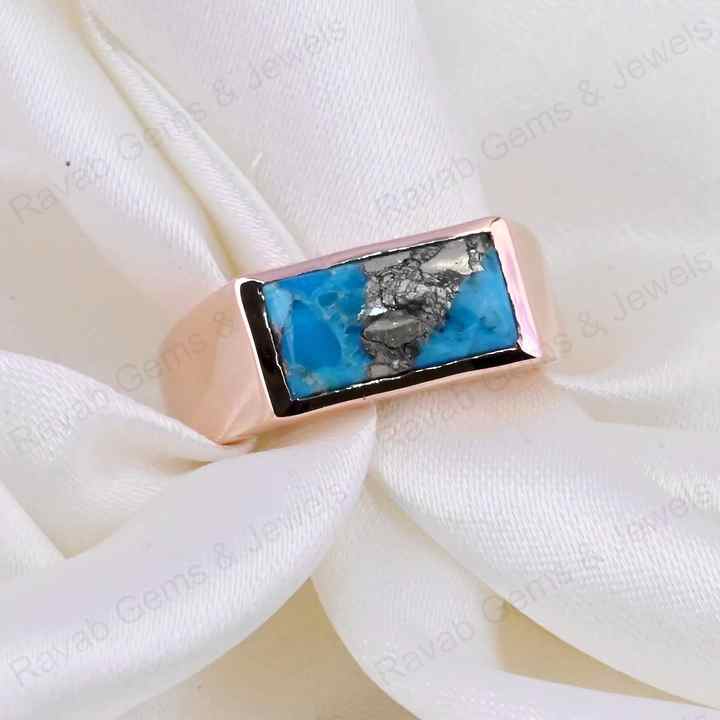 Best Quality Natural Pyrite Turquoise Gemstone Solid 925 Sterling Silver 18k Rose Gold Plated Ring For Women Party Fine Jewelry