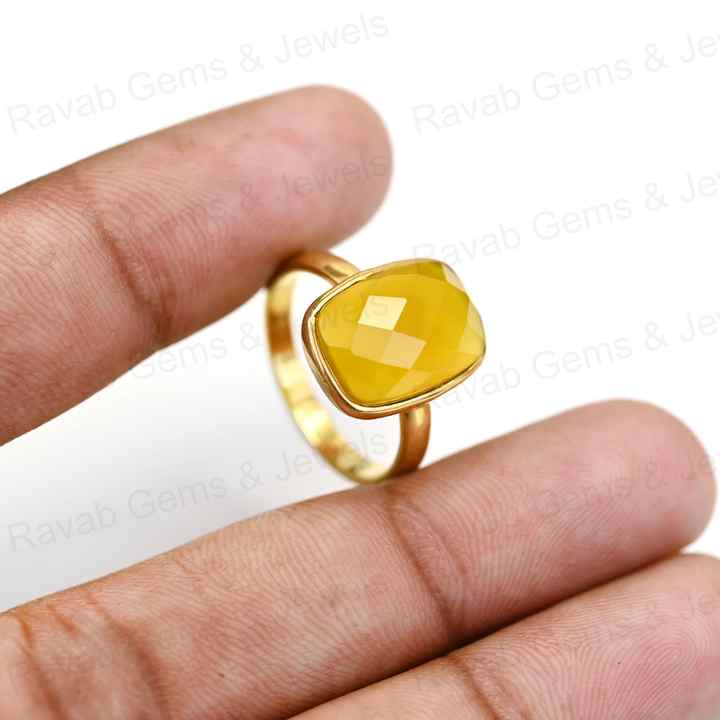 Best Selling Handmade 925 Silver Bezel Vermeil Eternity 12x16mm Yellow Chalcedony Rectangle Cushion Faceted Ring Fine Jewelry