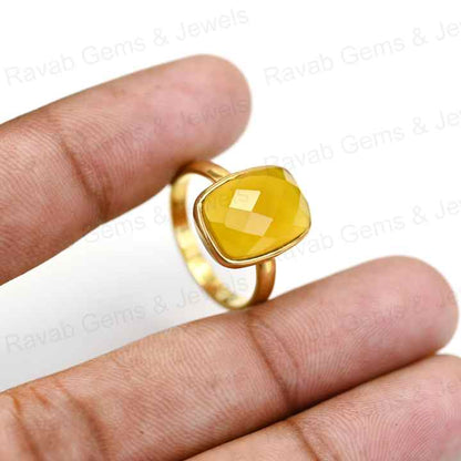 Best Selling Handmade 925 Silver Bezel Vermeil Eternity 12x16mm Yellow Chalcedony Rectangle Cushion Faceted Ring Fine Jewelry