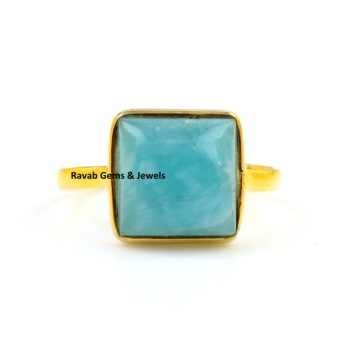 Hot Selling 12mm Natural Blue Smithsonite 18K Gold Plated 925 Sterling Silver Dainty Boho Square Ring for Women