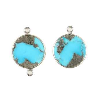 Natural Pyrite Turquoise 12mm Gemstone Jewellery Handmade Sterling Silver Round Coin Charm Connector for Pendant and Necklace