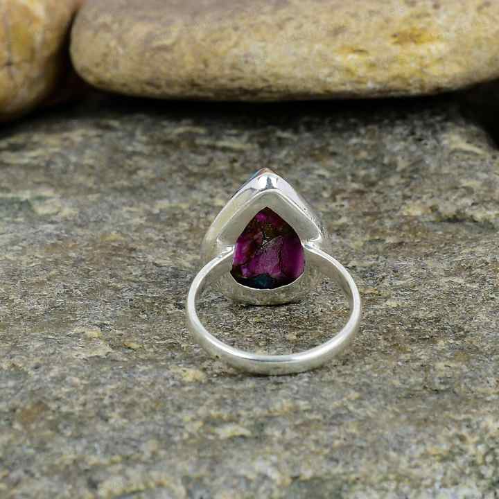 Natural Kingman Pink Dahlia Oyster Turquoise Solid 925 Sterling Silver Pear 9x12mm Bezel Setting Vintage Handmade Ring Women