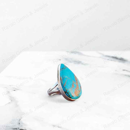 Top Quality Solid 925 Sterling Silver Natural Blue Copper Turquoise Pear 16x22mm Bezel Setting Women Wedding Ring Christmas