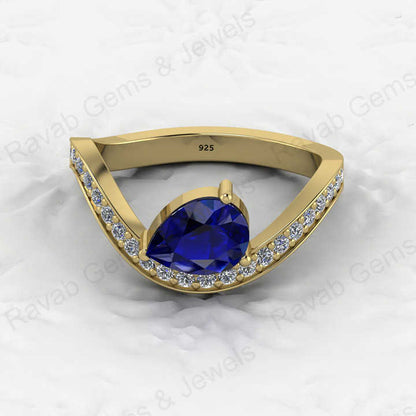 To Quality 925 Silver Faceted 6x8mm Pear Blue Sapphire Hydro With CZ Gold Vermeil Eternity Band Prong Women Ring Fine Jewelry