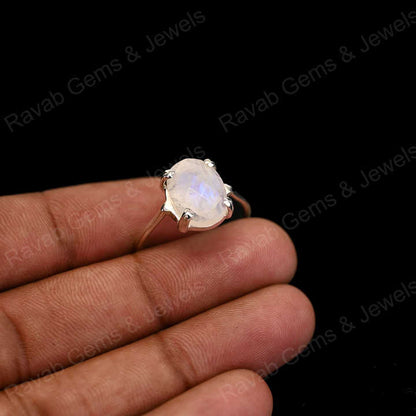 Superb Solid 925 Sterling Silver Natural Rainbow Moonstone Oval Checker Cut Prong Setting Ring for Women Fine Handmade Jewelry
