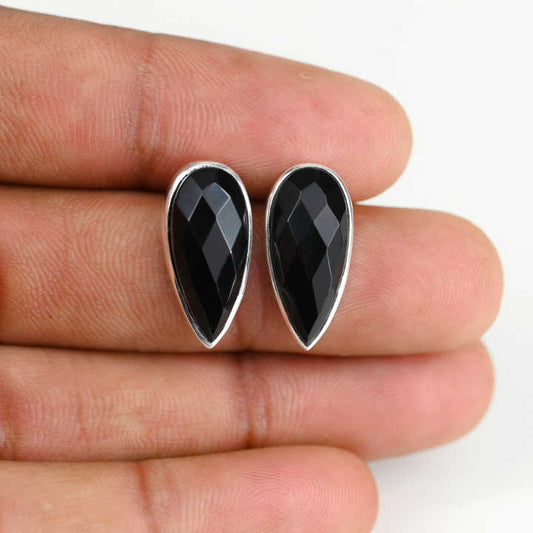 Top Quality Solid 925 Sterling Silver Natural Black Onyx Checker Cut 10x20mm Bezel Setting Pear Shape Stud Earring for Women