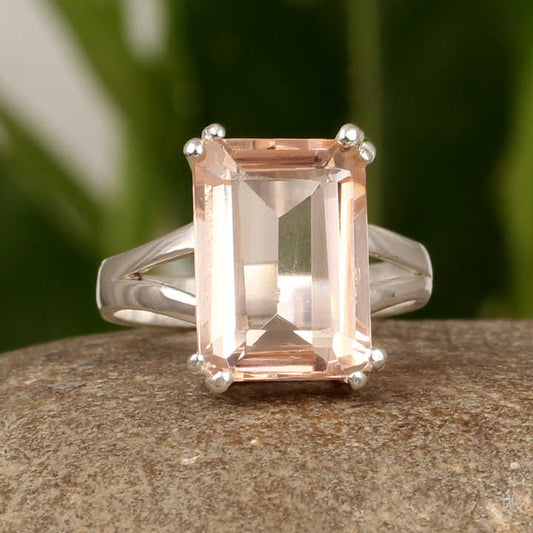 Top Quality Morganite Quartz Baguette Shape 10X14mm Solid 925 Sterling Silver Double Prong Set Fine Women Handmade Ring Supplier