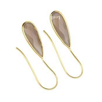 Best Quality Solid 925 Sterling Silver 18K Gold Plated Grey Chalcedony Checker Cut 10x25mm Long Pear Drop Earrings for Women