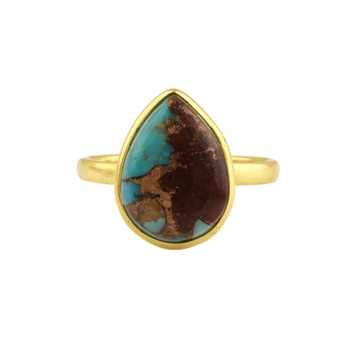 Top Selling 18K Gold Plated Silver Dainty Pear Shape Fine Ring 12x16mm Natural Lava Turquoise Copper Gemstone Bezel