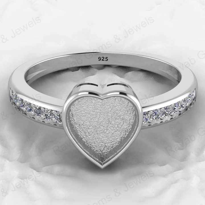 Genuine 925 Silver 8mm Heart CZ Breastmilk Semi Mount Blank Collet Ring Setting for Stone Resin & Ashes Work Keepsake Jewelry
