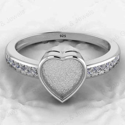 Genuine 925 Silver 8mm Heart CZ Breastmilk Semi Mount Blank Collet Ring Setting for Stone Resin & Ashes Work Keepsake Jewelry