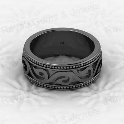 New Design Genuine 925 Sterling Silver Eternity 8mm Wide Band Gold Vermeil Floral Swirl Engraving Ring Personalized Fine Jewelry