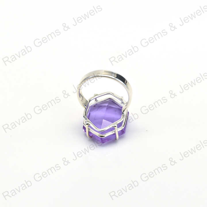 New Arrival Top Quality Solid 925 Sterling Silver Purple Amethyst Quartz Hexagon Cut Shape Ring for Women Fine Handmade Jewelry