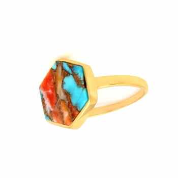 Top Quality Solid 925 Sterling Silver 18k Gold Plated Kingman Mohave Spiny Oyster Copper Turquoise 12mm Hexagon Shape Ring