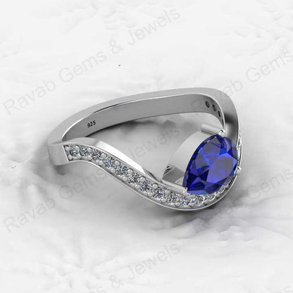To Quality 925 Silver Faceted 6x8mm Pear Blue Sapphire Hydro With CZ Gold Vermeil Eternity Band Prong Women Ring Fine Jewelry