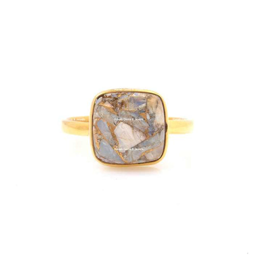 Beautiful 12mm Cushion Natural Ethiopian Opal Copper Gemstone Jewellery Polished Gold Plated Silver Dainty Boho Ring for Women