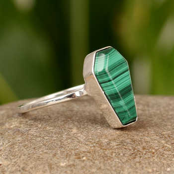 Genuine Malachite Gemstone Bezel Ring 10x17mm Coffin Shape Handmade by Women Solid 925 Sterling Silver High Quality Fine Jewelry
