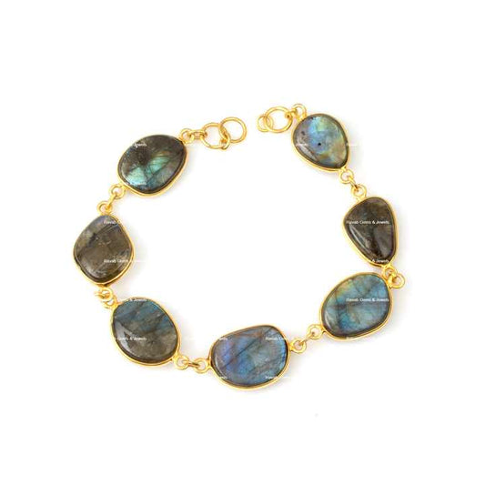 Best Selling Natural Blue Flash Labradorite Gemstone Bezel 925 Silver 18k Gold Plated Chain Adjustable Uneven Bracelet for Women