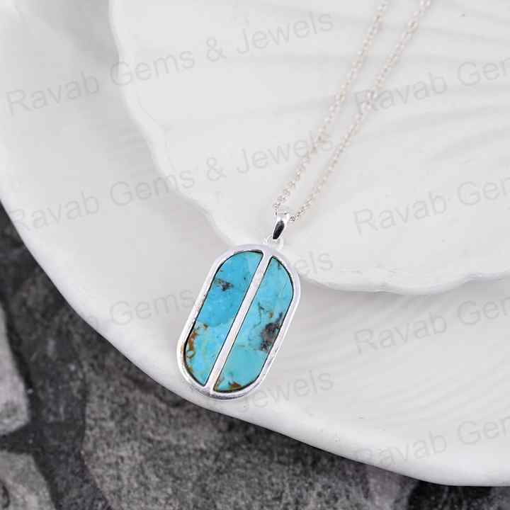 Handmade Solid 925 Silver 16x27mm Arizona Turquoise Gemstone Bezel Rectangle Bar Pendant Vintage Navajo Fine Jewelry For Men's