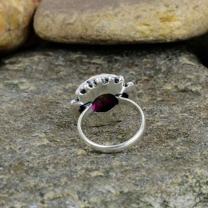 Beautiful 925 Silver Boho Statement Ring for Women Handmade 13mm Kingman Pink Dahlia Copper Turquoise Stone Navajo Fine Jewelry