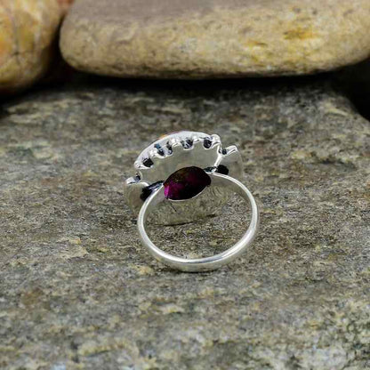 Beautiful 925 Silver Boho Statement Ring for Women Handmade 13mm Kingman Pink Dahlia Copper Turquoise Stone Navajo Fine Jewelry