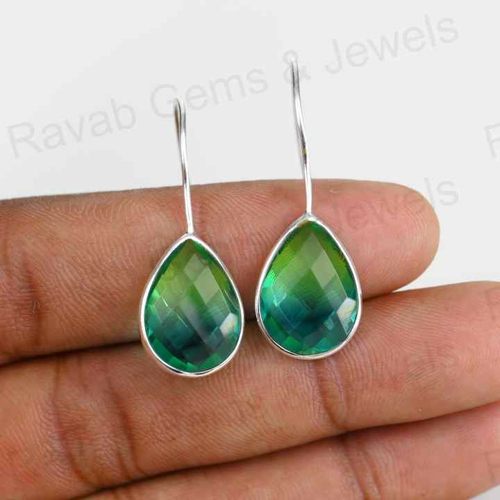 Best Quality Solid 925 Sterling Silver Watermelon Tourmaline Quartz Pear Checker Cut Dangle Drop Earring for Women Fine Jewelry