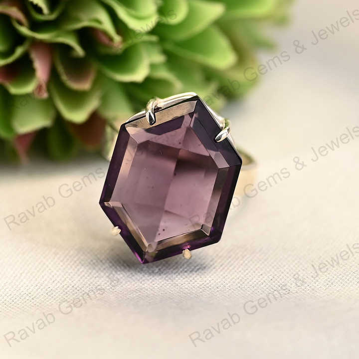 Superb Quality Solid 925 Sterling Silver 10x14mm Amethyst Quartz Hydro Hexagon Cut Gemstone Ring for Women Handmade Jewelry