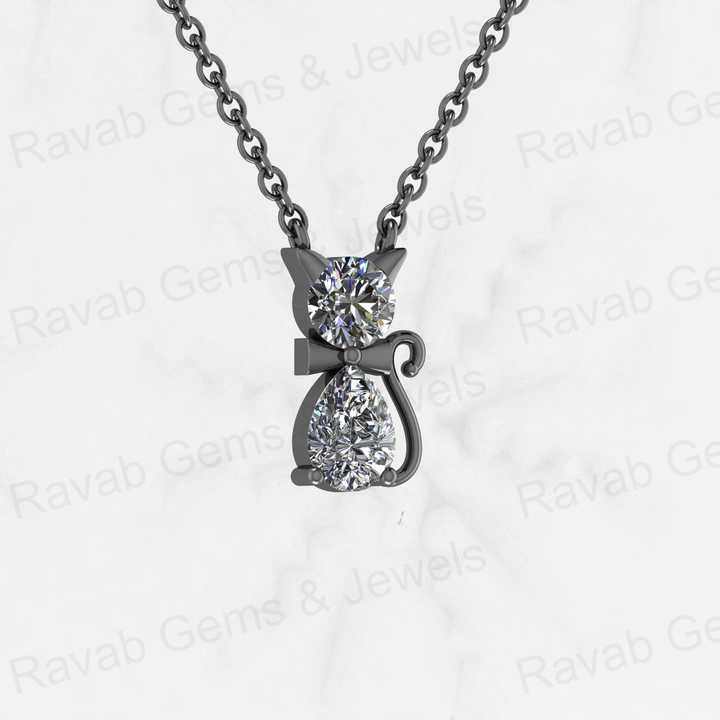 Top Quality Genuine Solid 925 Sterling Silver Cat Lover Pendant Necklace Round 5mm Pear 7x5mm Cubic Zirconia Keepsake Necklace