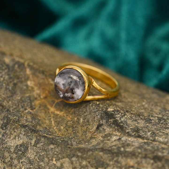 Beautiful 12mm Natural Dendrite Opal Gemstone 925 Silver Vermeil Split Eternity Round Bezel Statement Ring Women Fine Jewelry