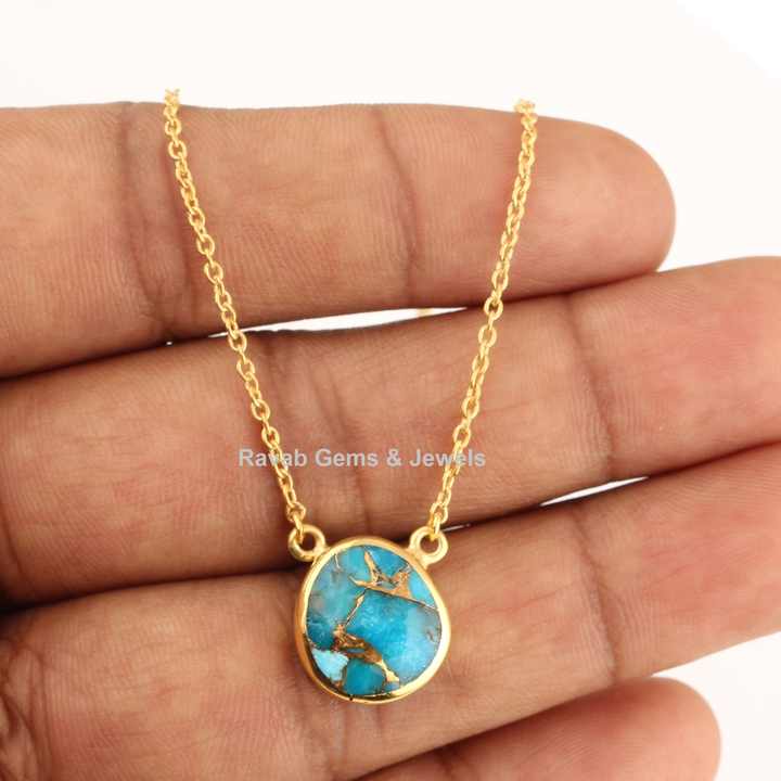 Best Selling Mohave Blue Copper Turquoise Stone Gold Plated Sterling Silver Minimalist Layering Dainty Chain Necklace for Her