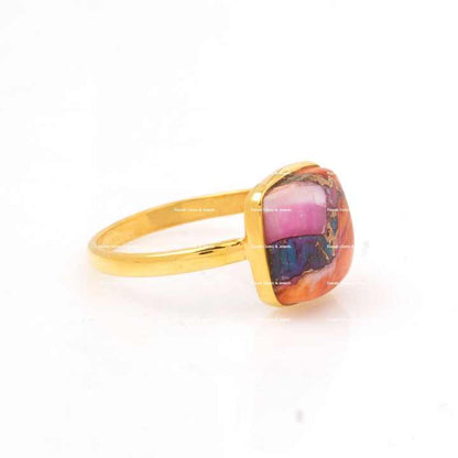 Best Selling Genuine Pink Dahlia Spiny Oyster Copper Turquoise Gemstone 18k Gold Filled Sterling Silver Cushion Ring for Women