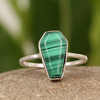 Genuine Malachite Gemstone Bezel Ring 10x17mm Coffin Shape Handmade by Women Solid 925 Sterling Silver High Quality Fine Jewelry