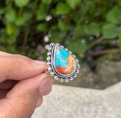 Best Quality Solid 925 Sterling Silver Kingman Pink Dahlia Turquoise Ring Pear 10x14mm Bezel Setting Handmade Ring for Women